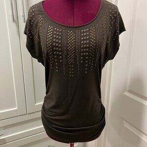 REVOLUTION by Ricki's Studded Ruched Waist Top Blouse Scoop Neck Olive Green S